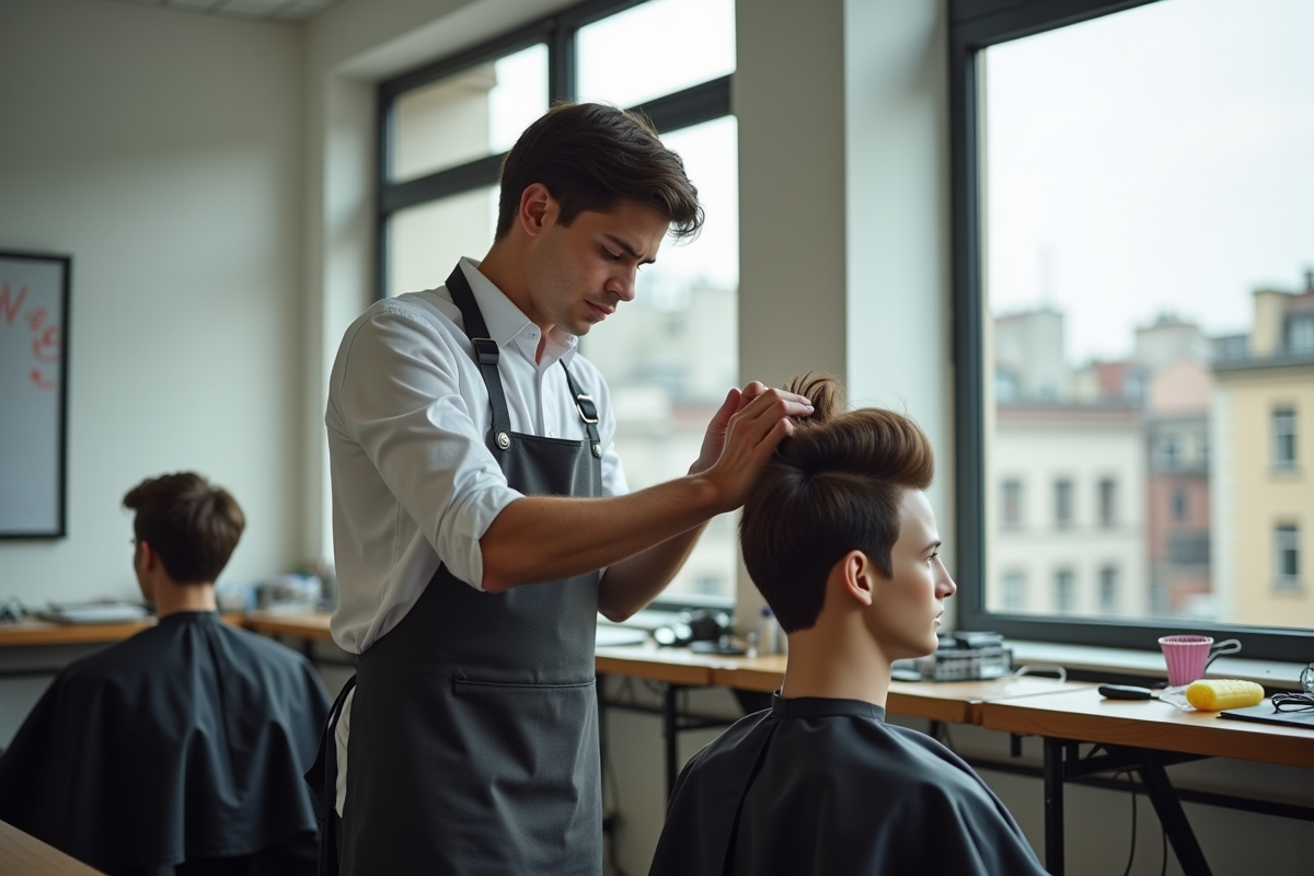 Jeune apprenti coiffeur s’entraîne sur un mannequin dans une salle de formation