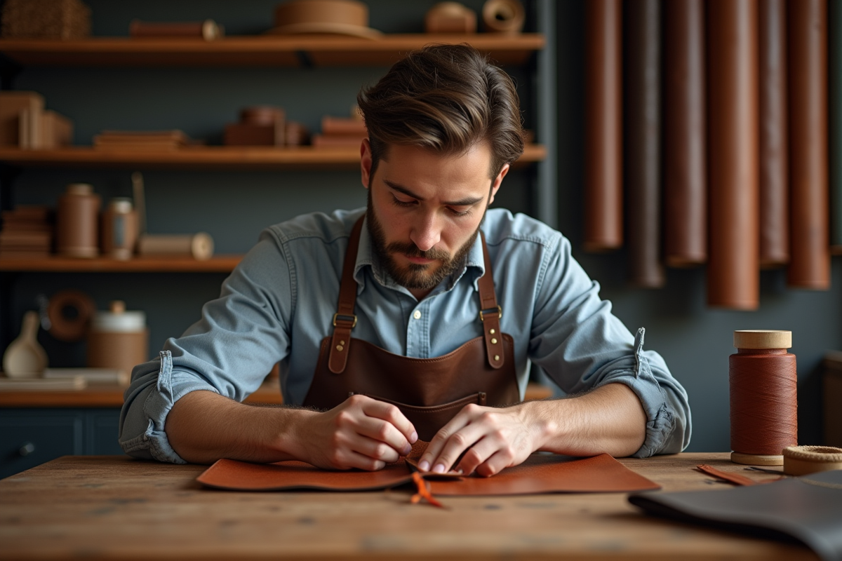 Artisan en train de coudre du cuir dans son atelier