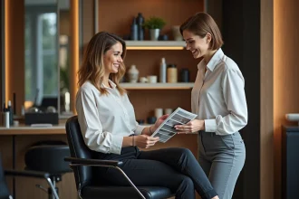 Coiffeuse et cliente en conseil coloration dans un salon élégant