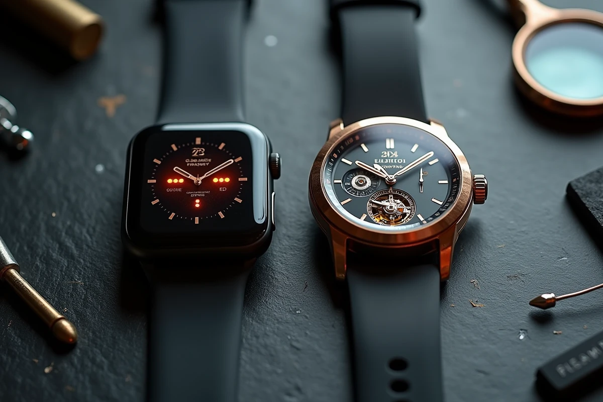 Comparaison entre une montre mécanique de luxe et une montre connectée moderne posées sur ardoise, illustrant le débat entre tradition horlogère et technologie