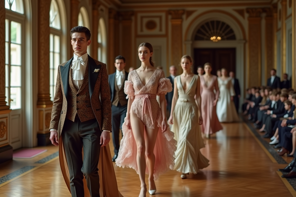 Groupe de mannequins élégants défilant en mode victorien dans un salon luxueux