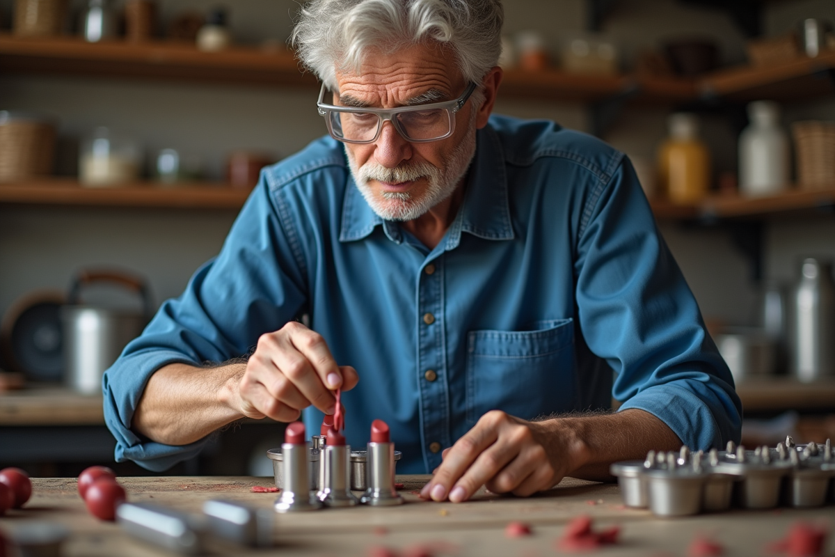 Homme chimiste versant rouge à lèvres dans des moules en atelier