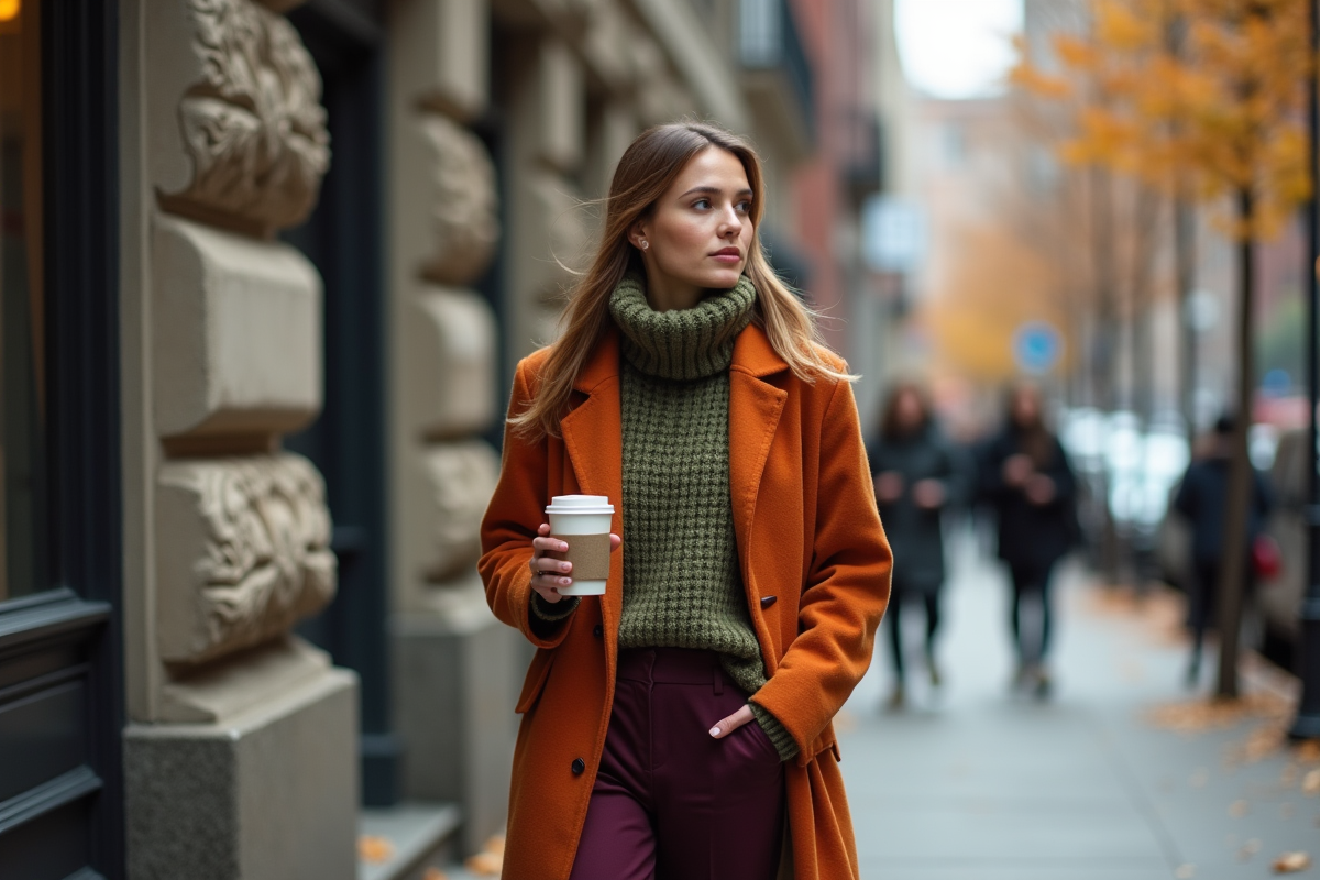 Femme en manteau orange et écharpe verte dans la ville automnale