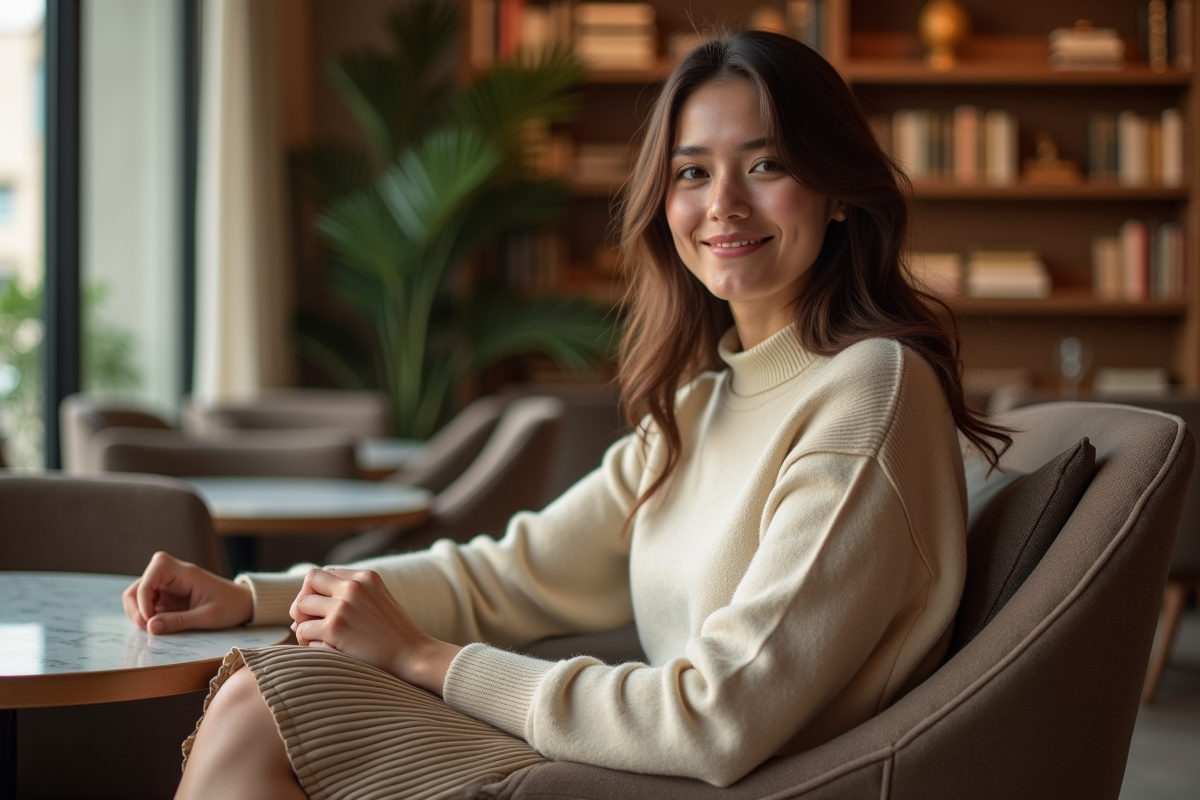 Jeune femme en pull en laine dans un salon boutique