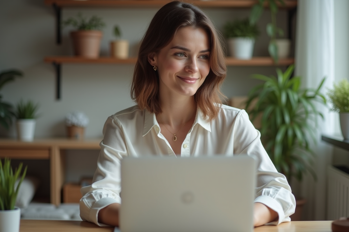 Femme en home office regardant son ordinateur avec satisfaction