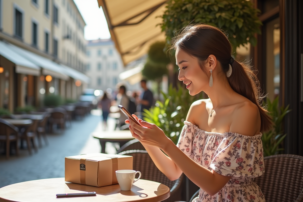 Femme détendue sur une terrasse de café en ville en été