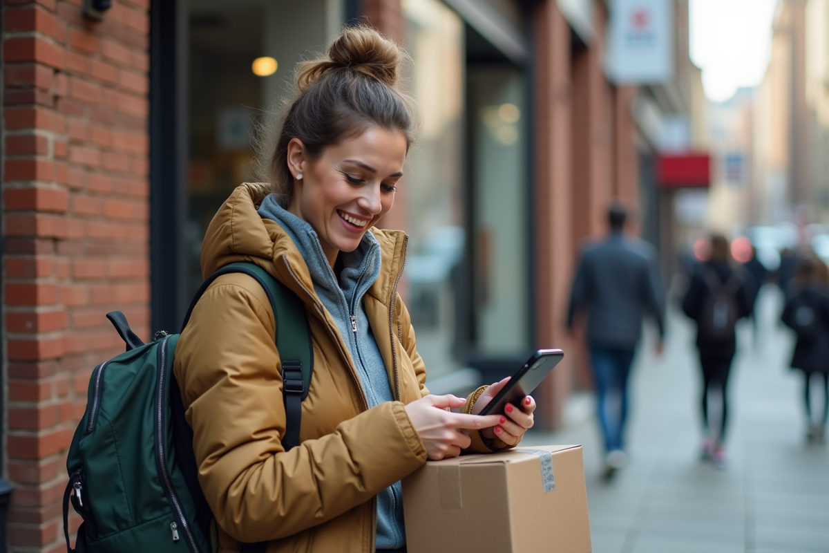 Femme stylée scannant un colis à un point de retrait urbain