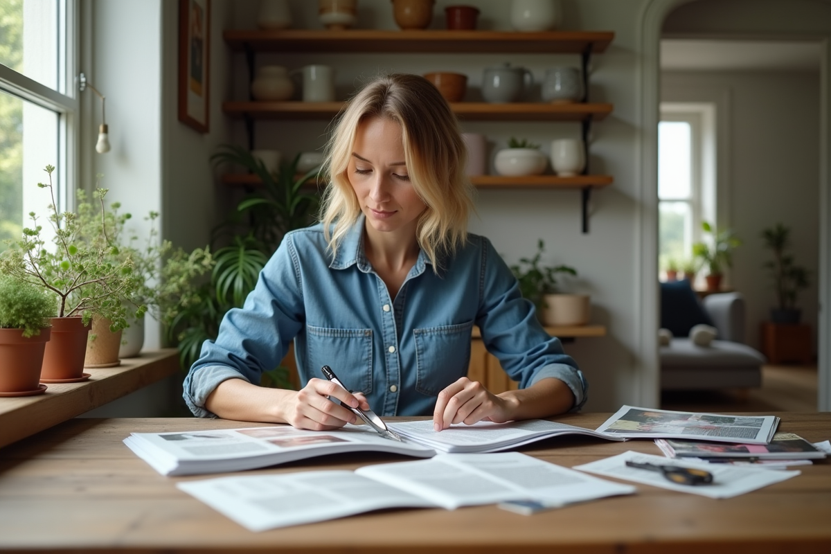 Femme en denim créant un collage avec magazines dans une cuisine lumineuse