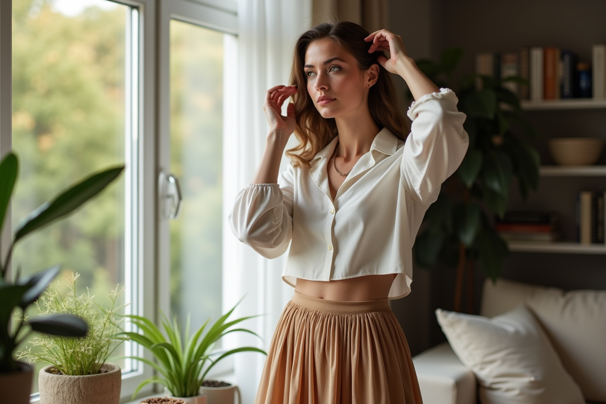Femme élégante ajustant ses cheveux dans un salon lumineux