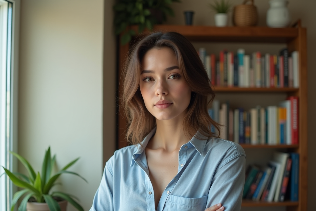 Femme au visage en diamant dans un appartement cosy