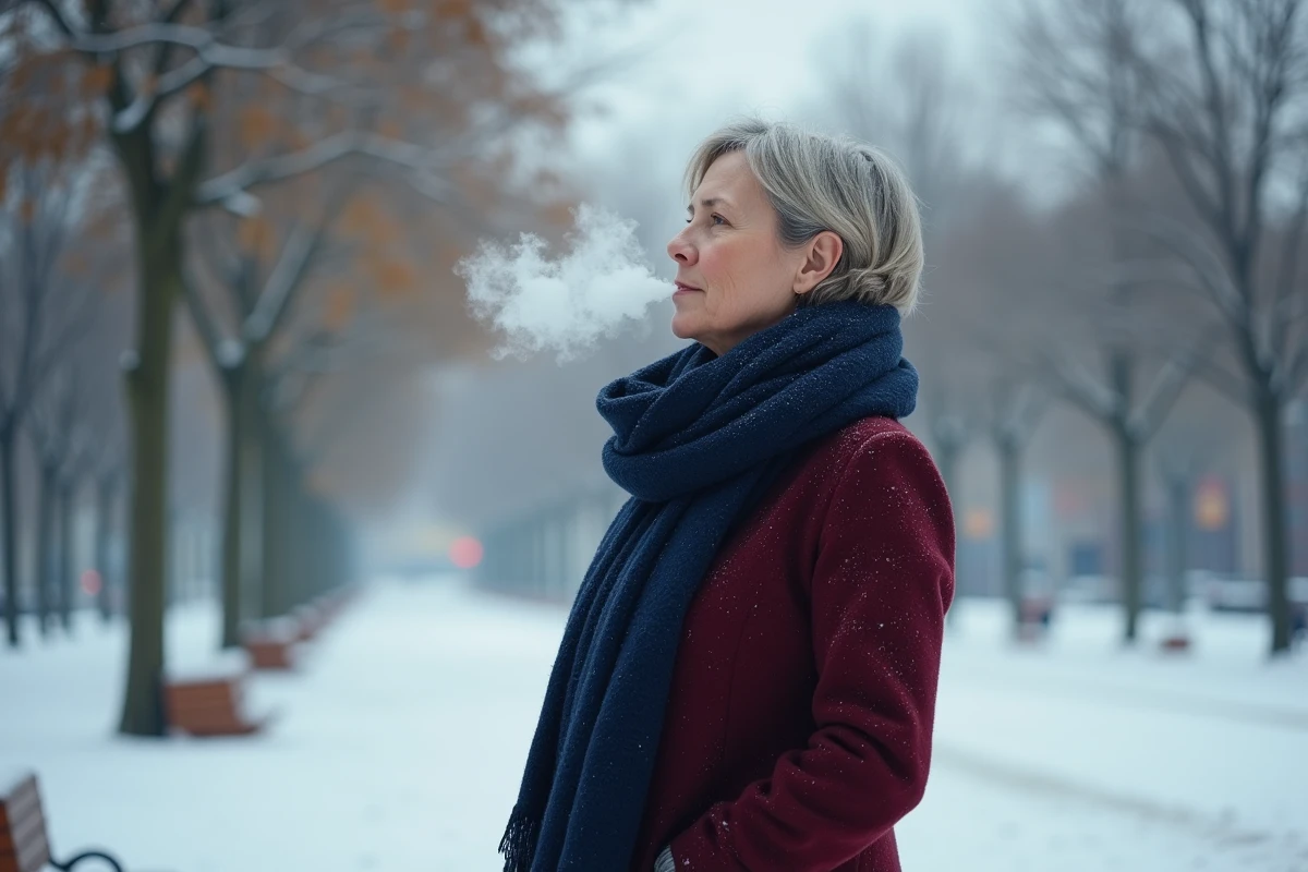 Femme contemplant un parc enneige en hiver avec foulard bleu marine