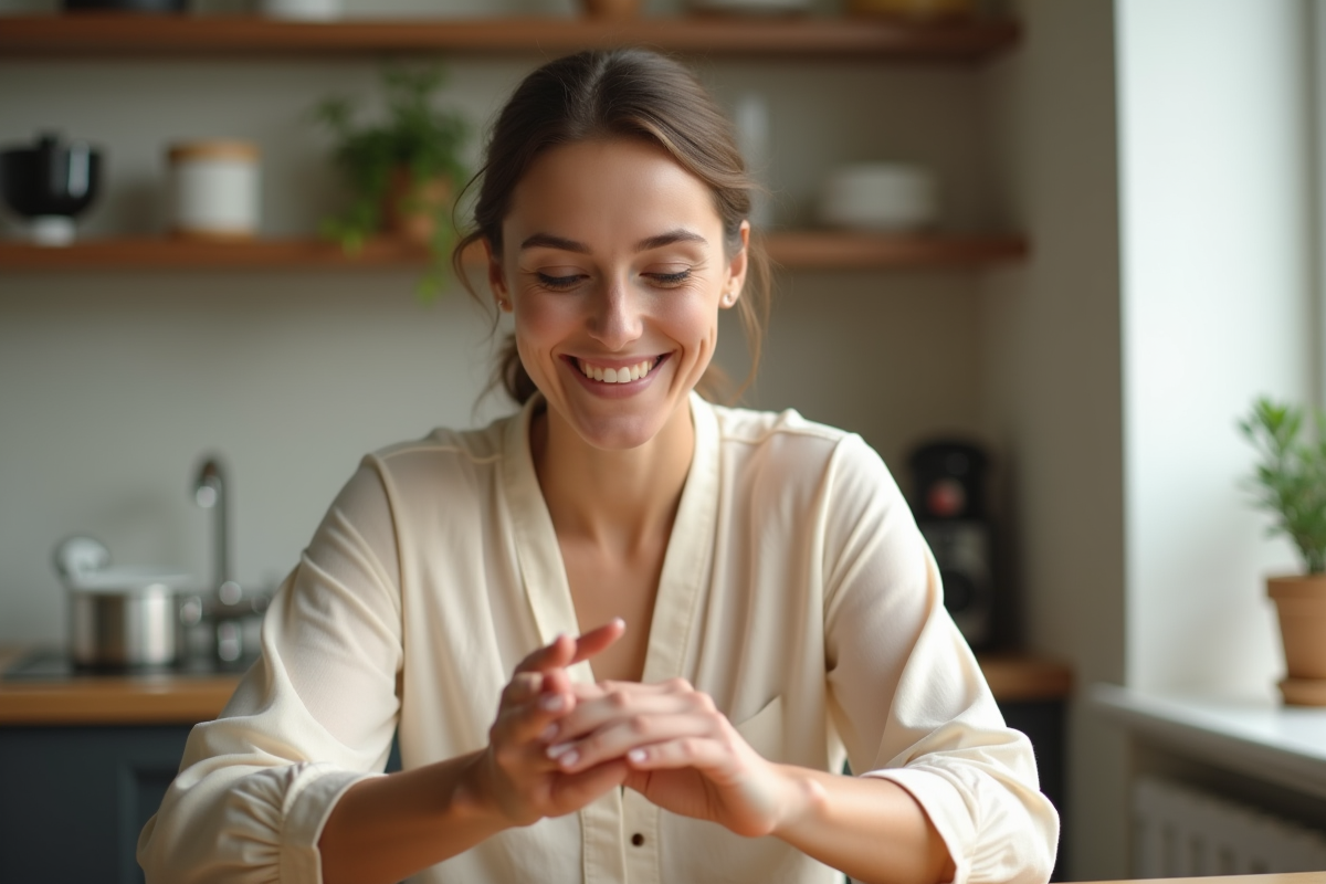 Femme souriante appliquant une creme naturelle dans sa maison