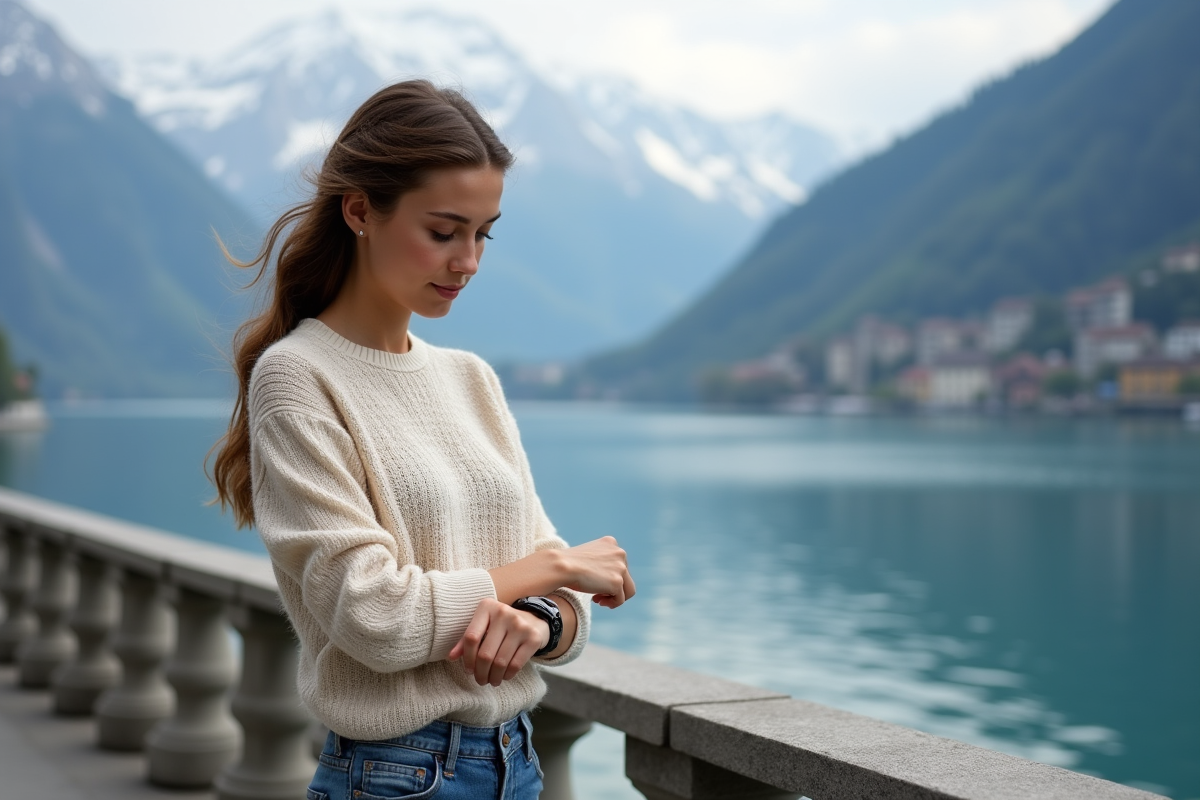 Jeune femme regardant sa montre au bord du lac en Suisse