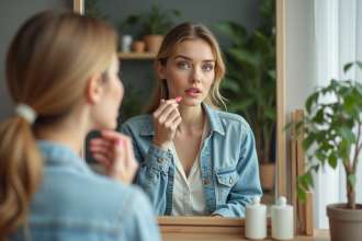 Femme appliquant du rouge à lèvres devant un miroir