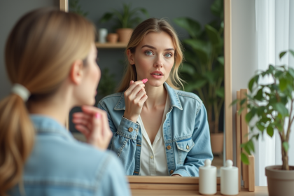 Femme appliquant du rouge à lèvres devant un miroir