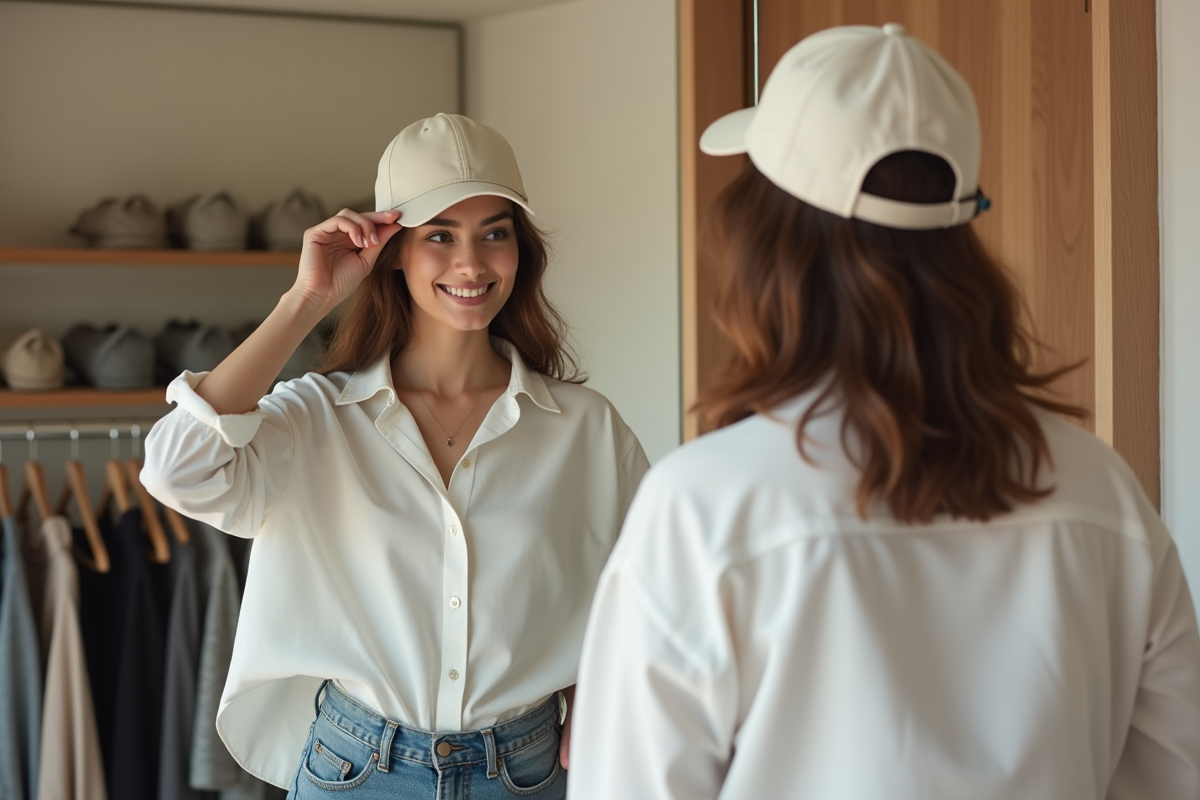 Femme ajustant un casquette en boutique lumineuse