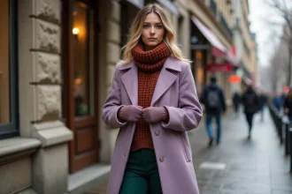 Femme élégante en manteau lavender dans une rue européenne