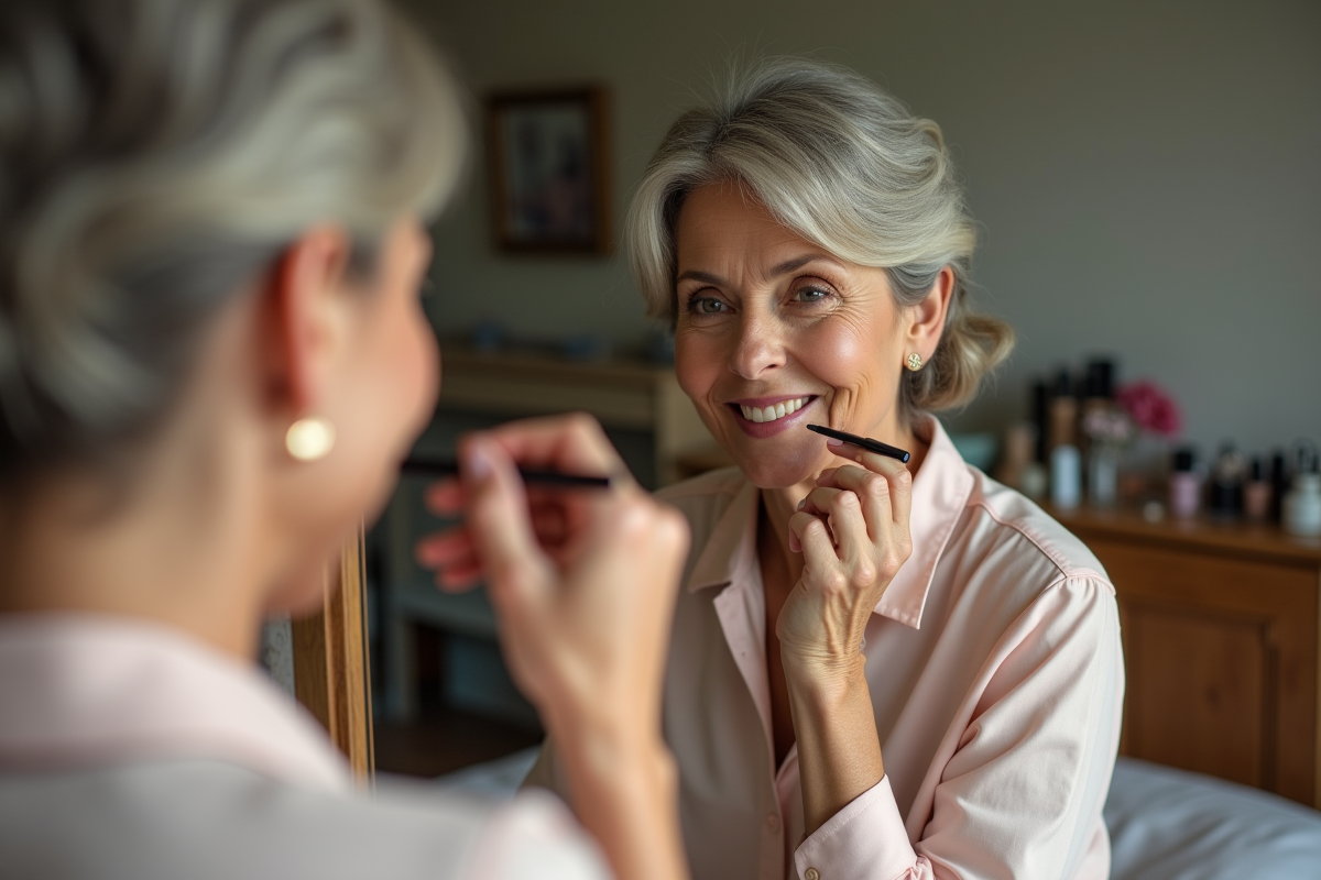 Femme d'une cinquantaine appliquant du liner lèvres