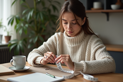 Femme mesurant son doigt avec un ruban dans une cuisine chaleureuse