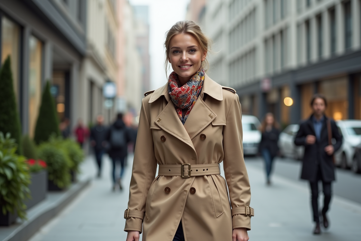 Femme élégante en trench beige dans la ville
