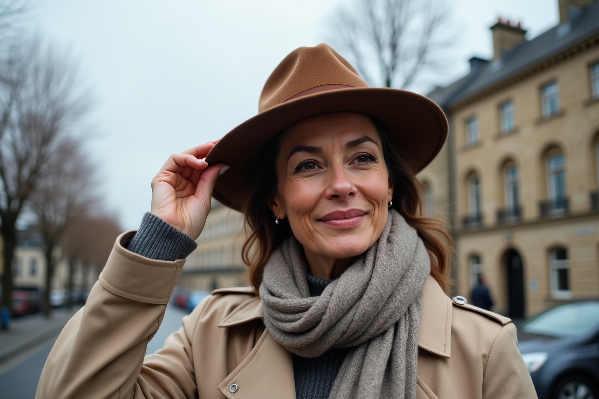 Femme d'âge moyen portant un trench et chapeau feutre en ville