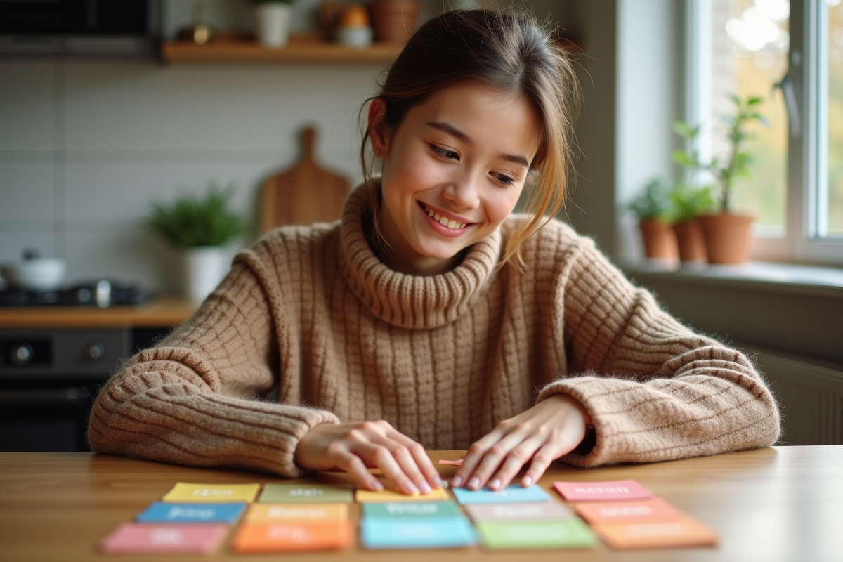 Jeune femme arrangeant des cartes de mois sur une table