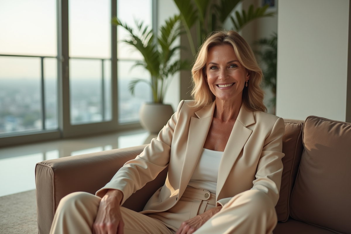 Femme élégante en pantalon beige dans un penthouse lumineux