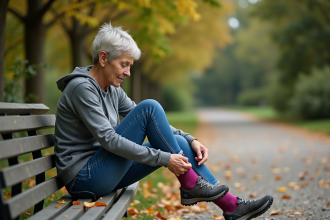 Femme assise sur un banc dans un parc avec chaussettes colorées