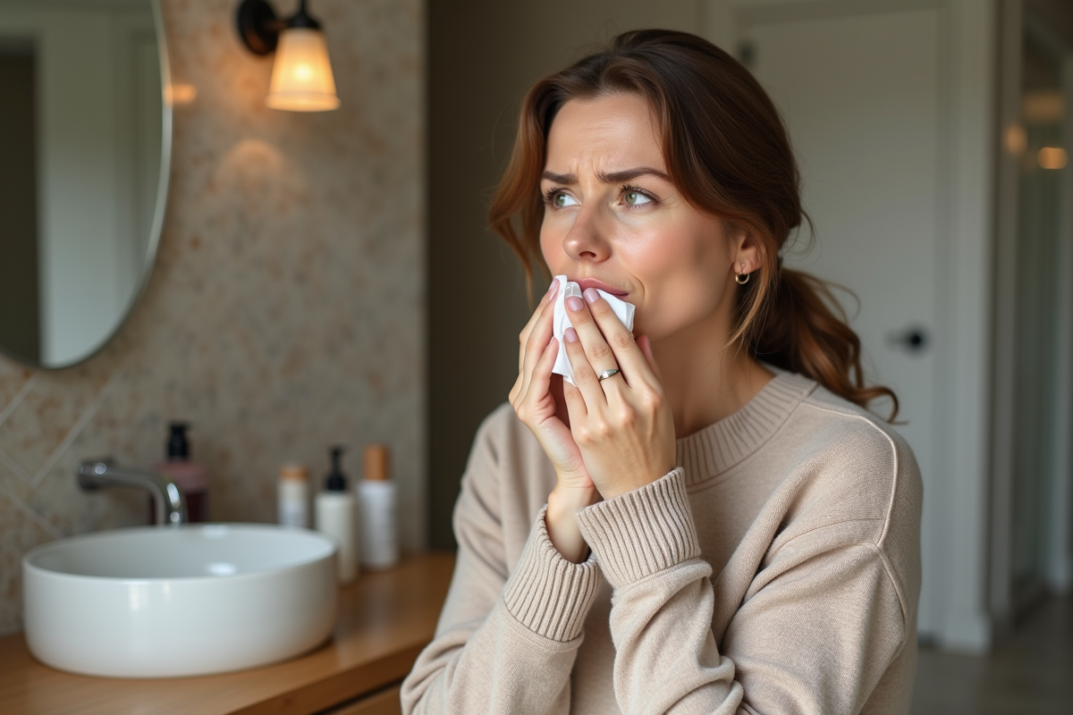 Femme en train de retoucher ses lèvres avec un mouchoir