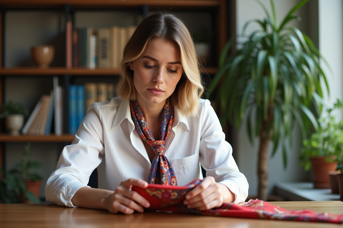 Femme examinant un foulard en soie dans un intérieur cosy