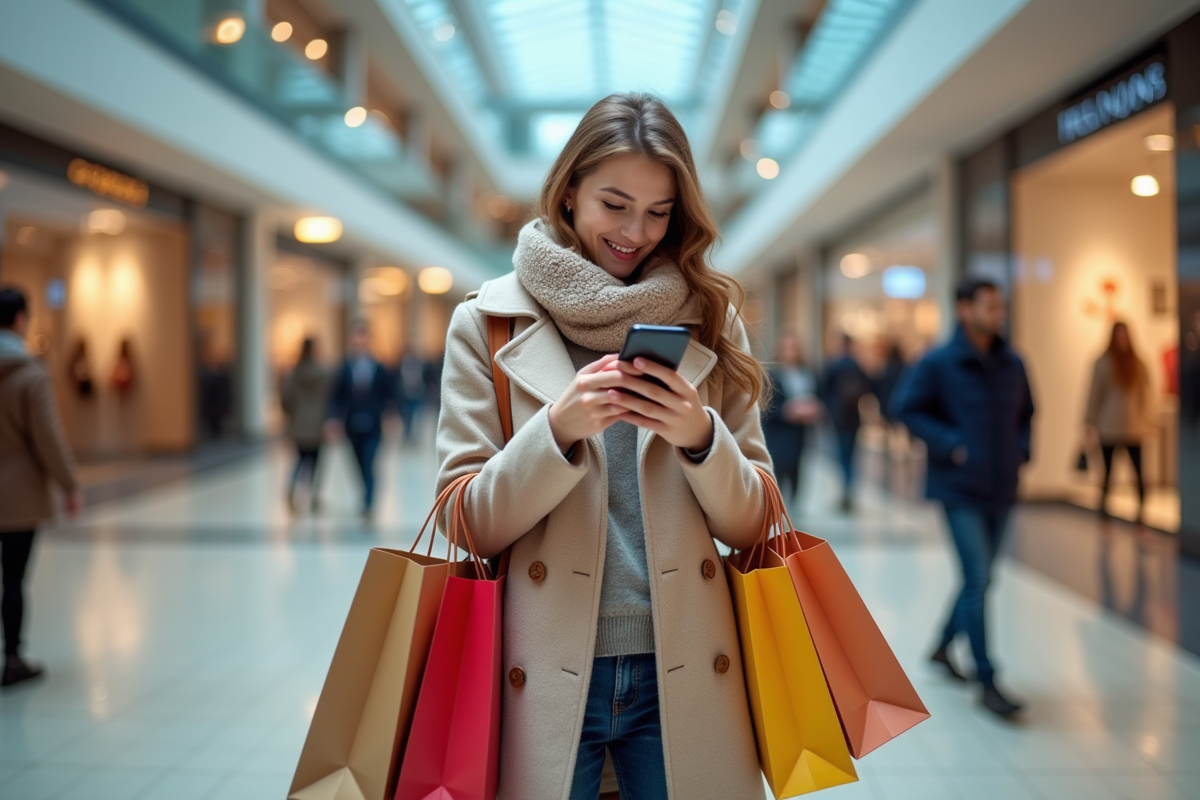 Jeune femme souriante avec sacs dans un centre commercial