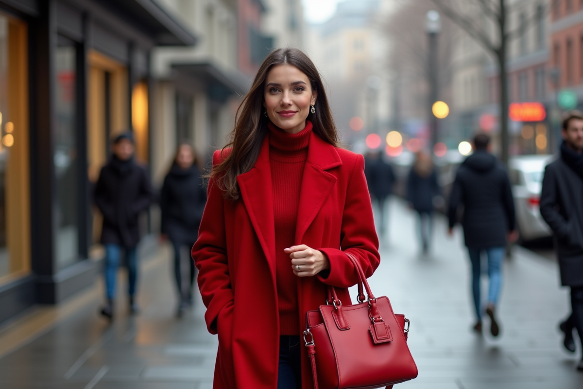 Femme élégante en manteau rouge dans la ville en hiver