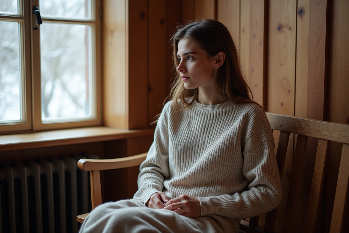 Jeune femme comparant des thermals en intérieur près de la fenêtre