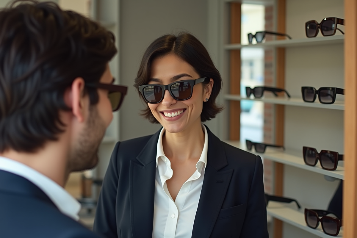 Femme élégante essayant des lunettes dans une boutique moderne