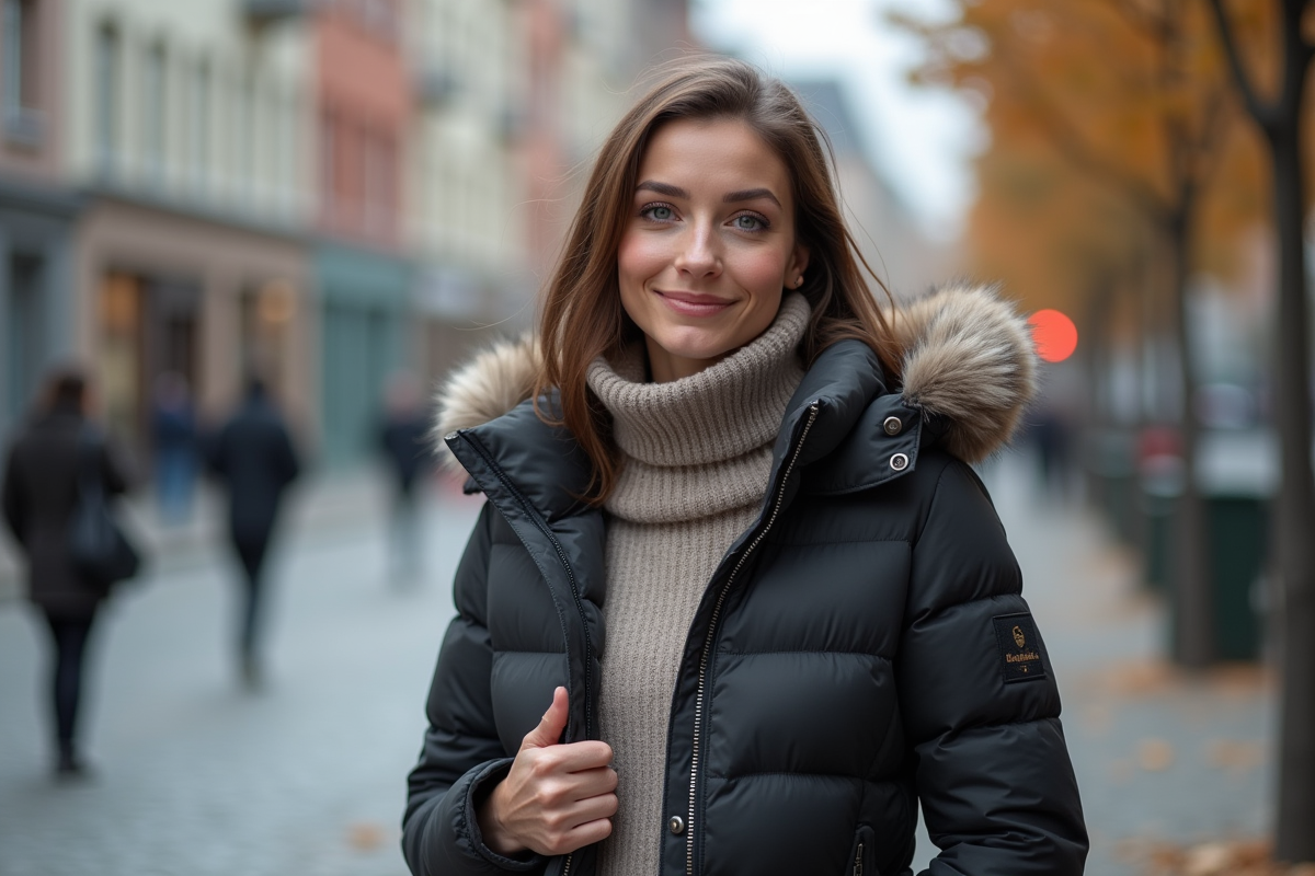Femme en veste quilted automne dans la rue