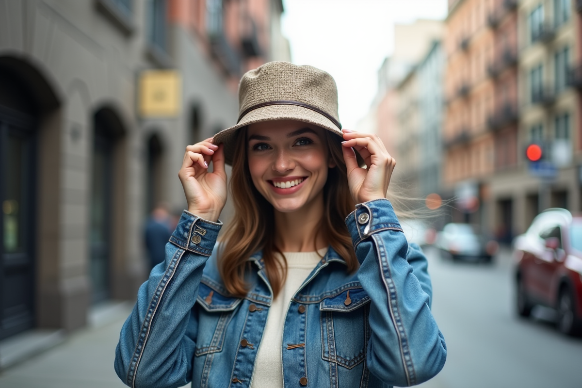 Femme en denim et chapeau dans une ville animée