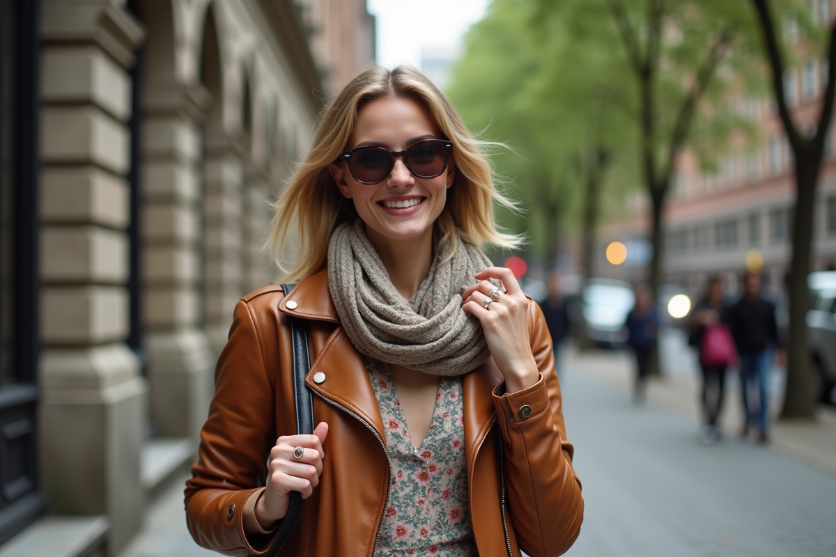 Femme élégante en robe fleurie vintage dans la ville