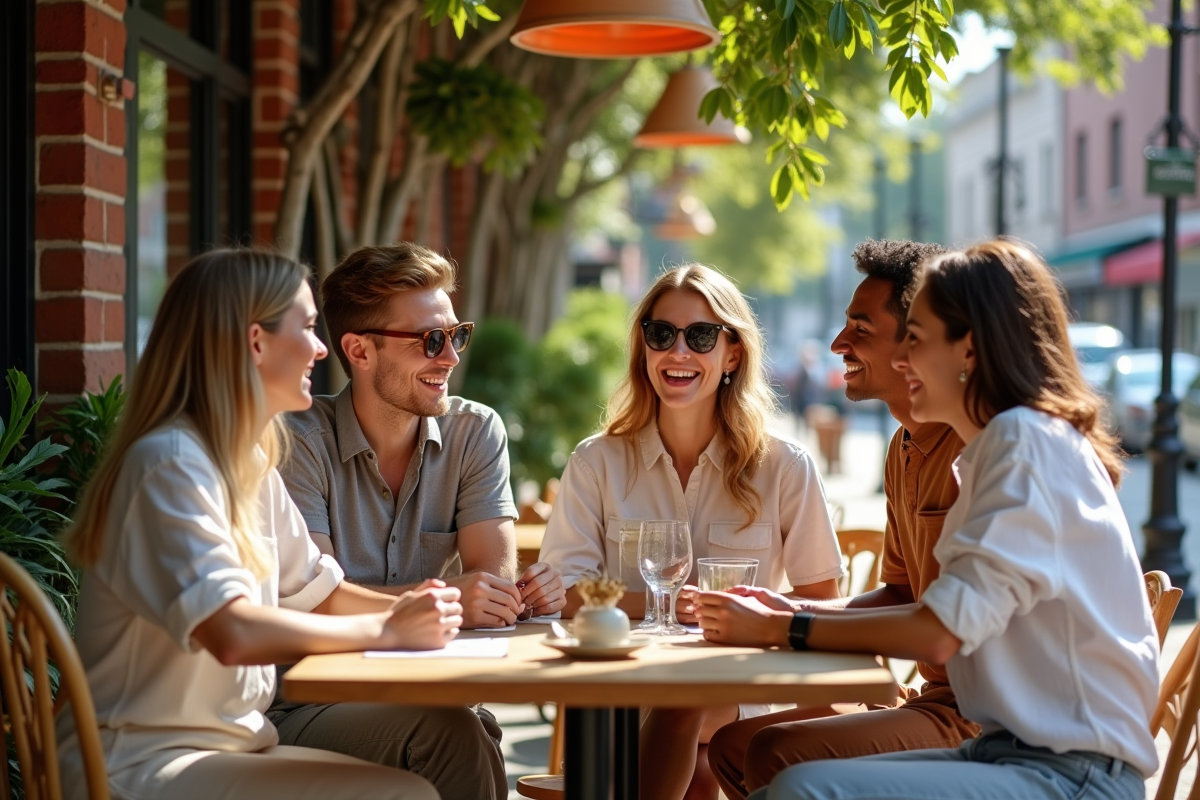 Groupe de jeunes adultes dans un café en plein air en été