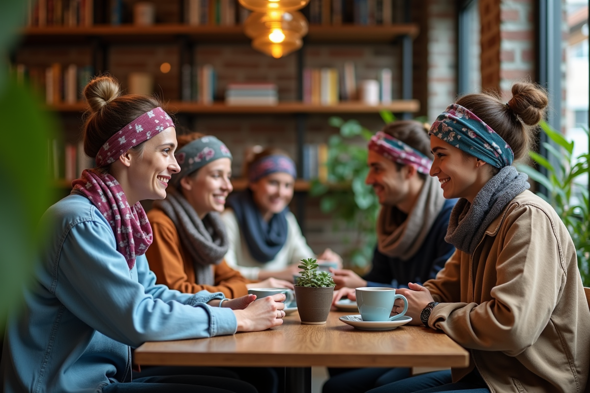 Groupe de jeunes avec foulards dans un café moderne