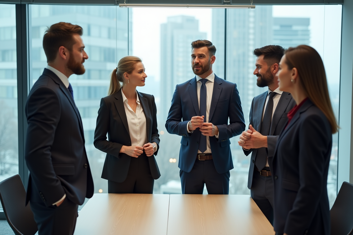Groupe de collègues en réunion dans une salle moderne