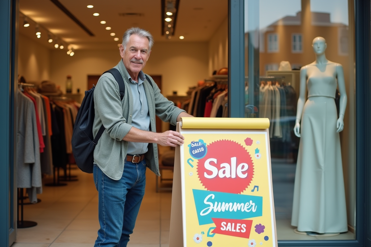 Homme ajustant affiche de soldes dans une boutique de mode