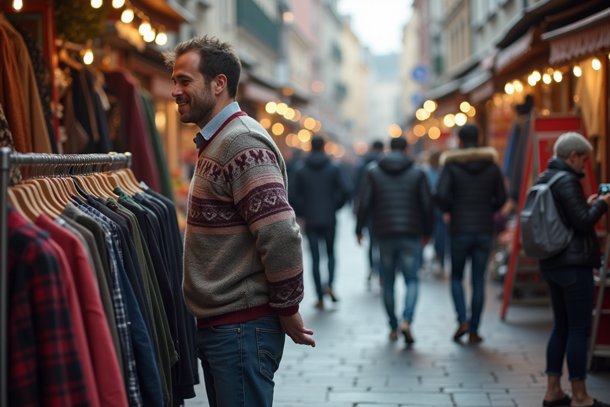 Homme regardant vêtements dans un marché de rue en hiver