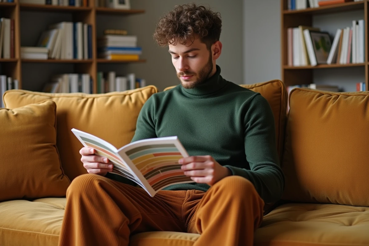 Jeune homme regardant un catalogue de couleurs dans un salon