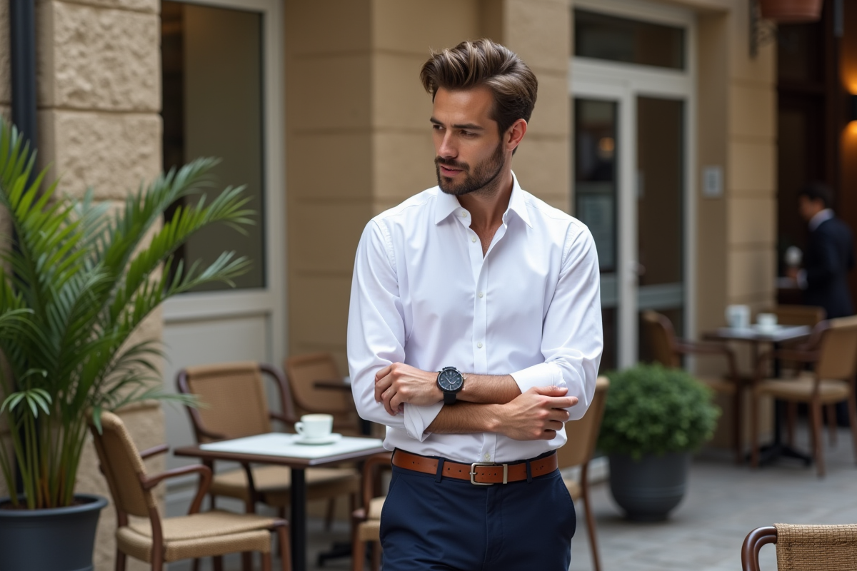Jeune homme ajustant sa montre au café