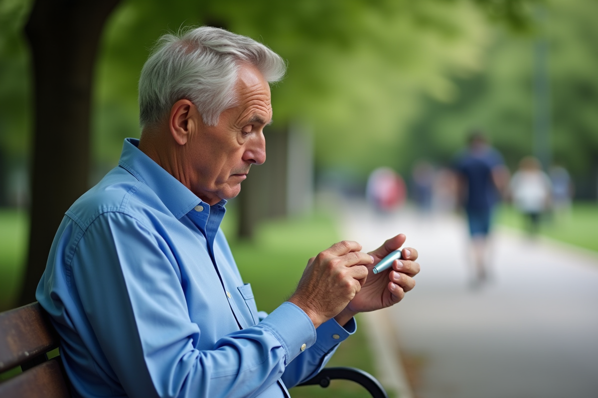 Homme appliquant creme mains dans un parc en plein air