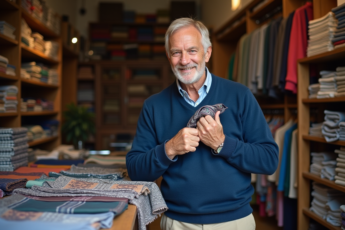 Homme tenant un foulard en soie dans une boutique textile