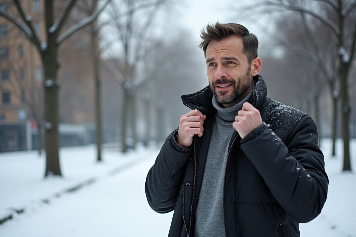 Homme d'âge moyen en hiver dans un parc enneigé ajustant son col