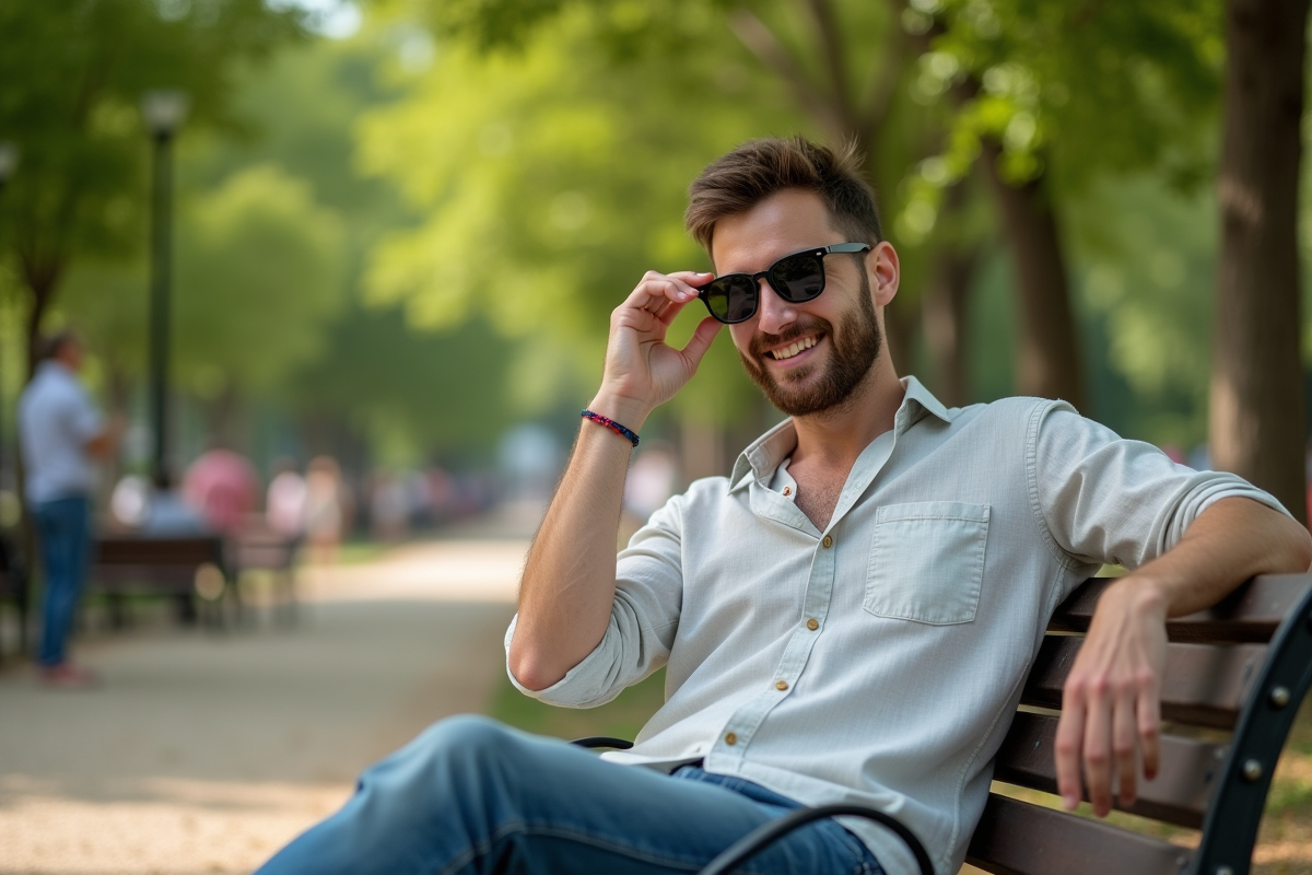 Jeune homme détendu portant des lunettes de soleil dans un parc urbain