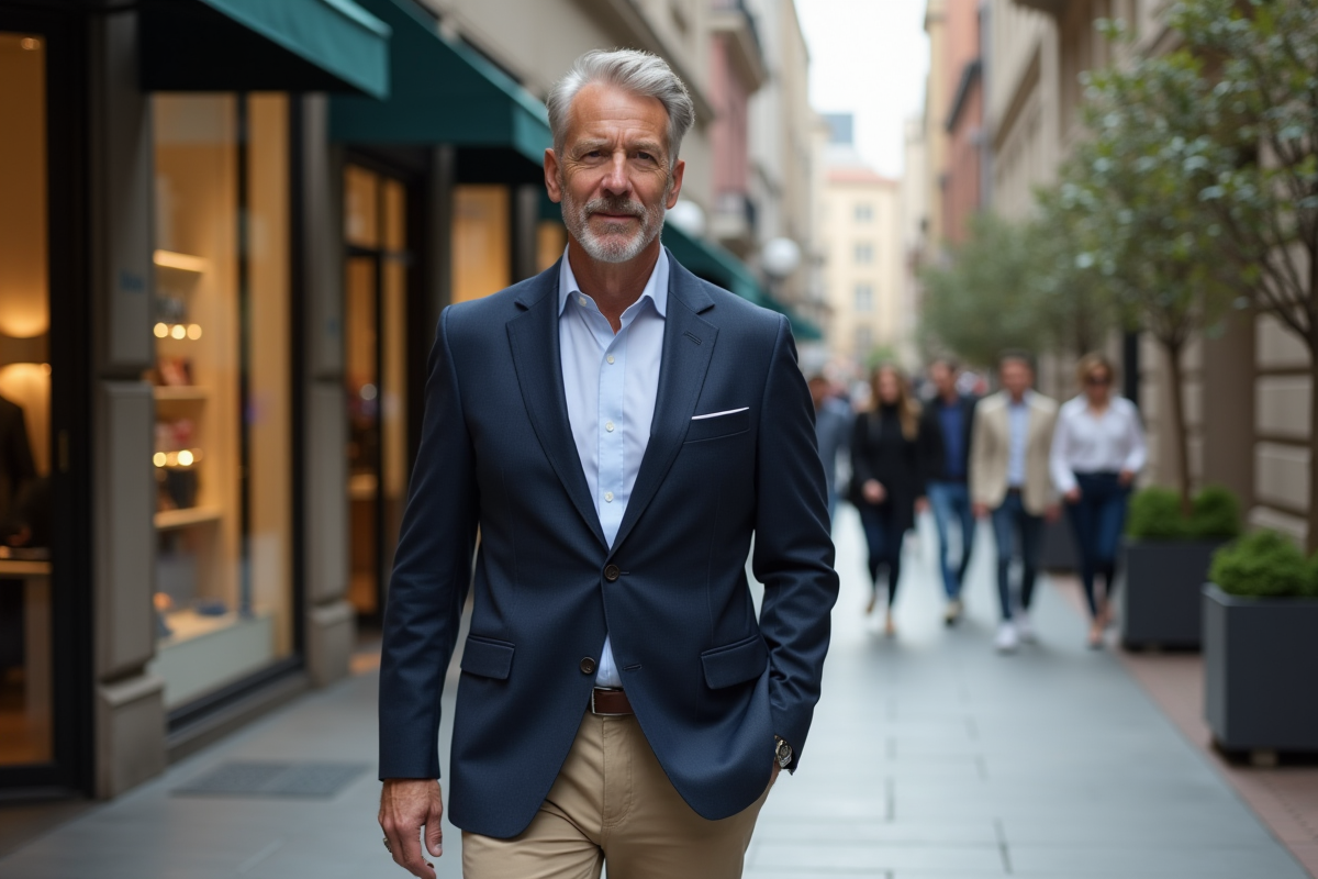 Homme élégant en blazer dans un quartier commerçant