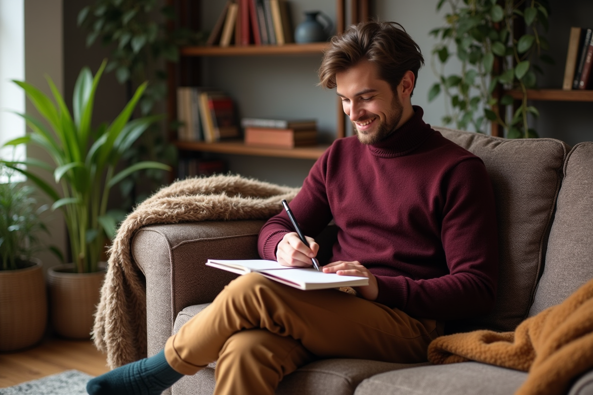 Jeune homme dessinant dans un salon chaleureux et décoré